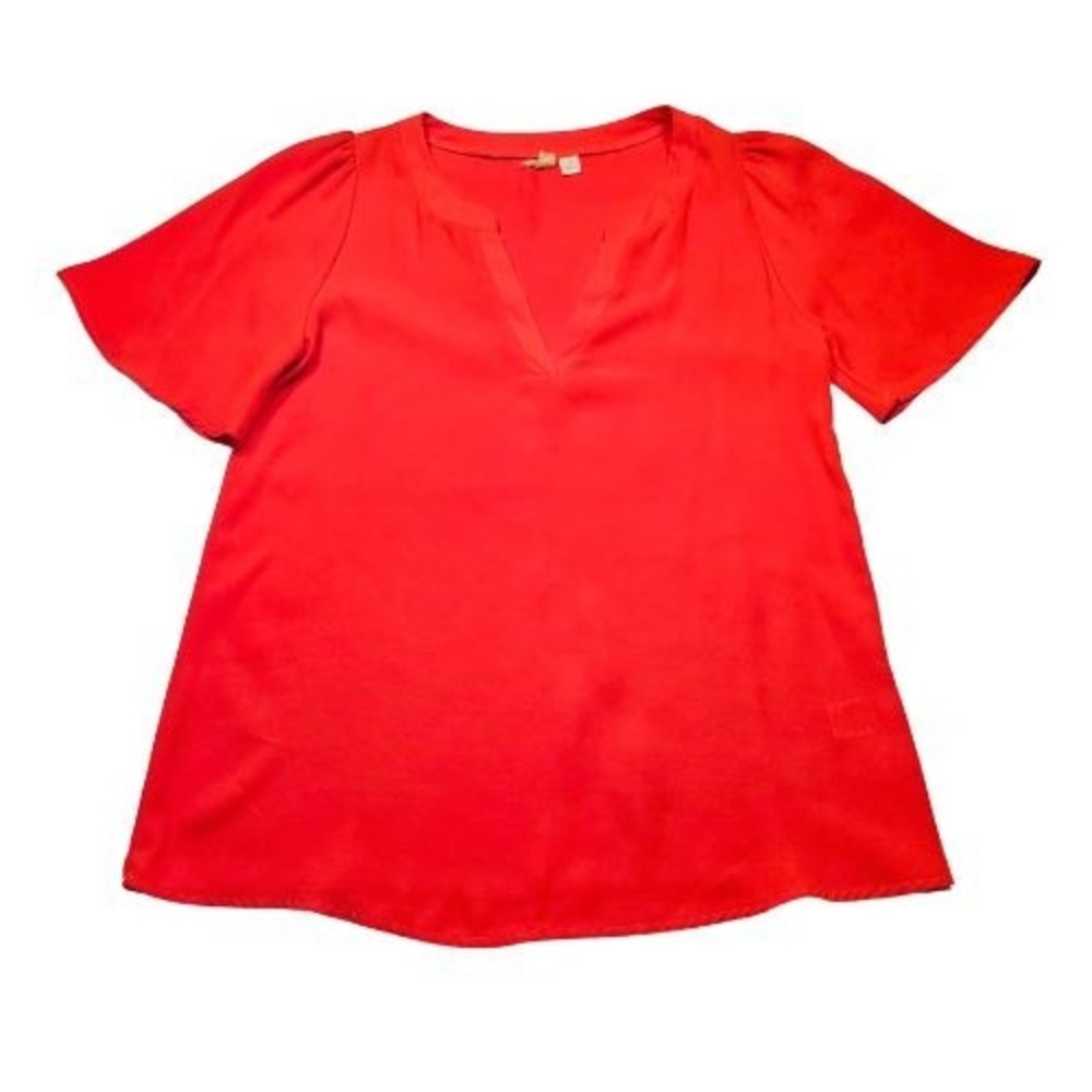 Francescas Red Short Sleeve Split V Neck Blouse Flutter Sleeve Top S USA Career